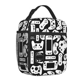 Bolsa de almuerzo para videojuegos en blanco y negro para niños y niños, lonchera reutilizable portátil, bolsa de comida aislada para escuela, niñas, hombres, trabajo, viajes, picnic
