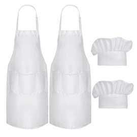 Morwealth Set of 4 Cooking Apron Sets, White Kitchen Apron and Chef's Hat for Men and Women, Adjustable Apron with 3 Pockets for Kitchen, Cooking, Baking, BBQ