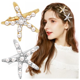 TUCEWP Starfish Hair Clips 2Pcs Gold Silver Pearl Metal Hair Barrettes Sparkly Rhinestone Starfish Alligator Hair Clips Mermaid Hair Pieces Bride Wedding Headpiece Hair Accessories for Women Girls