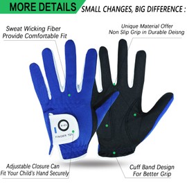 FINGER TEN Golf Gloves for Kids Junior Youth Toddler Boys Girls, Left Right Handed S M Large XL Size, Durable Quick Dry White Blue Red Yellow Extra Value 2 Pack Set (Blue,Medium, Worn on Left Hand)