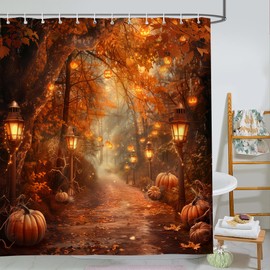 PAOPOED Cortina de ducha de calabazas de otoño, Halloween, otoño, cosecha de Acción de Gracias, bosque, senderos rurales, decoración de baño, tela de poliéster impermeable de 72 x 78 pulgadas, cortina