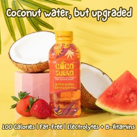 Coco Suero Electrolyte Coconut Water – 12-Pack | 100 Calories, Fat-Free, Packed with B3, B6, B12 for Energy & Hydration | No Artificial Flavors | Amino Acids | Sweetened with Dextrose |(20.2 Fl Oz, Watermelon Strawberry)