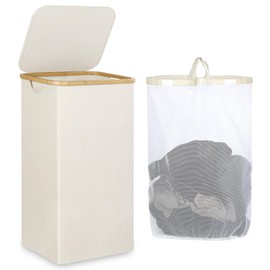 iEGrow Laundry Basket with Lid, 110L Large Laundry Hamper with Handle and Lid, Collapsible Clothes Basket Organizer with Removable Inner Bag for Clothes Toys Towels - Beige