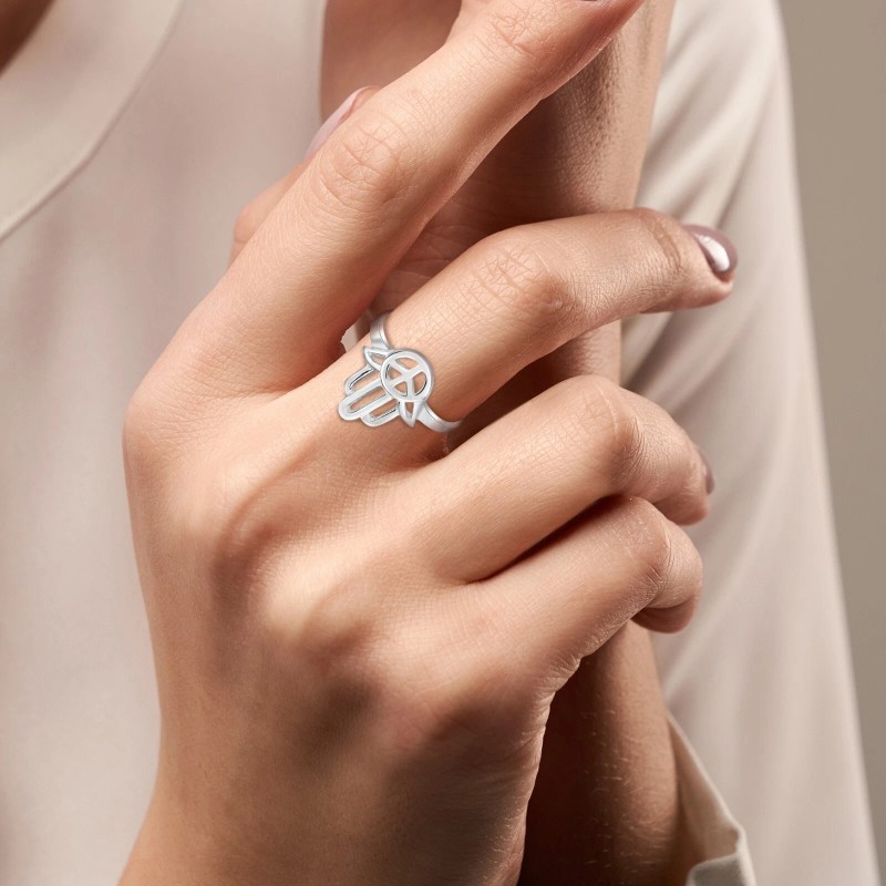 AeraVida Hamsa with Peace Sign Sterling Silver Peaceful Hamsa Ring-8