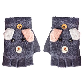 Cxryrzhe Kids Winter Gloves 6-15 Yrs for Boys Girls,Convertible Flip Top Gloves Cartoon Dark Blue Dog Thermal Knitted Gloves Knit Fingerless Gloves Warm Stretchy Mitten Cover