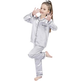 OEIU - Conjunto de pijama de satén sedoso para niños y niñas, conjunto de pijama con botones, ropa de dormir, plateado, 10-11 Años