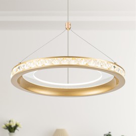 CHYING Gold Pendant Light Modern LED Pendant Lighting 3500K Crystal Ring Hanging Chandelier Brushed Brass Lights Fixture for Kitchen Island Dining Room Living Room Foyer Hallway