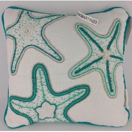 Coastal Nautical Beach Beaded Starfish Pillow 12x12 Silver Aqua Greens Beach