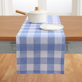 Solino Home Linen Check Table Runner 60 inches Long – 100% Pure Linen Hydrangea Blue Buffalo Plaid Table Runner 14 x 60 Inch – Farmhouse Spring Table Runner