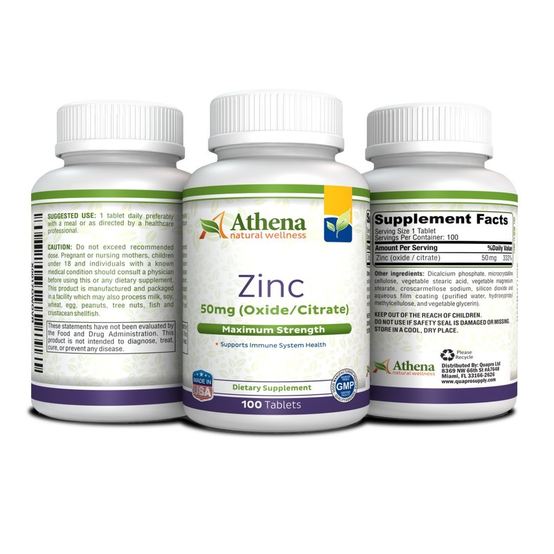Athena - Zinc Supplement Tablets 50mg - Oxide/Citrate - 100