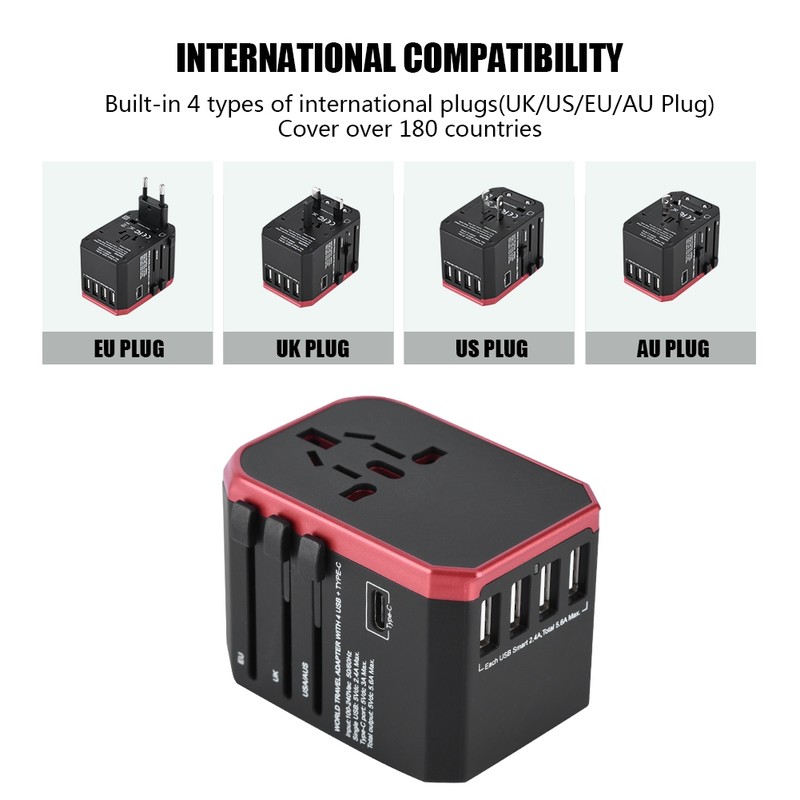 Universal Travel Adapter Plug 4 USB Ports Type C Sockets