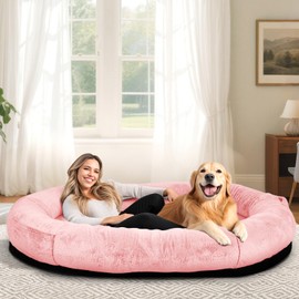 IVY&LANE Human Dog Bed for Adult,Human-Sized Dog Bed for People Giant Bean Bag 71"x45"x14",Washable Faux Fur Orthopedic Nap Beds with Blanket and Pillow,Pink