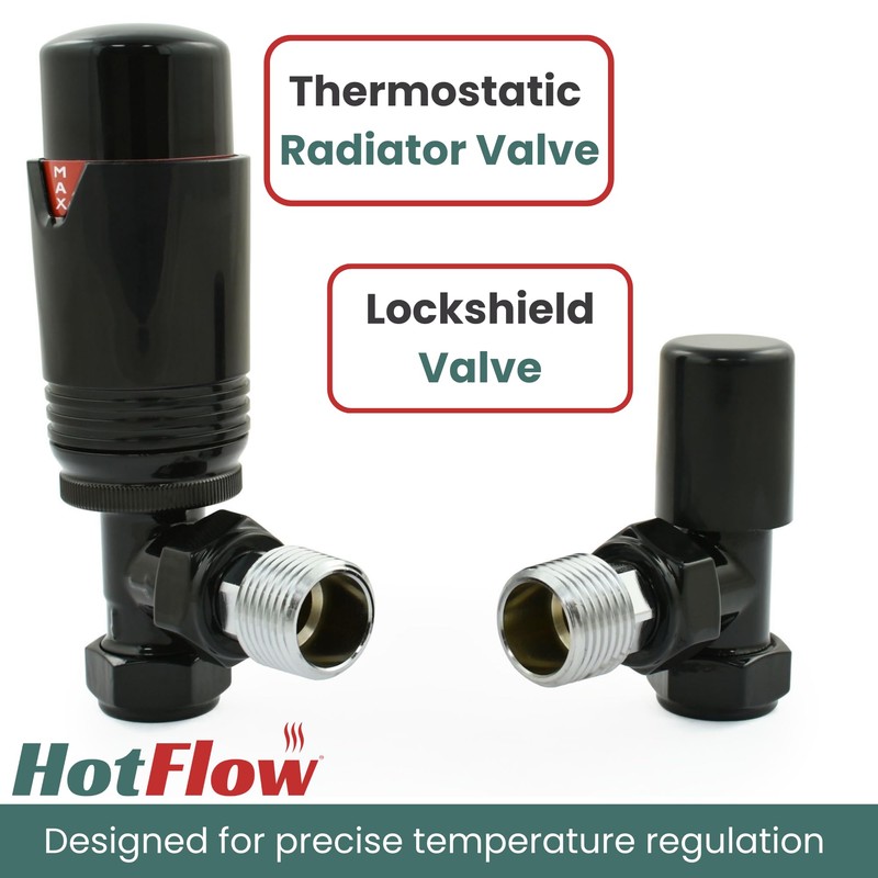 Hot Flow Full Black Estuary Angled TRV Thermostatic Radiator Valve