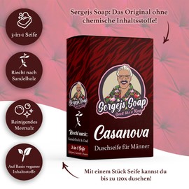 Sergejs Soap - Casanova Solid Soap Bar 3 in 1 Soap with 100% Natural Ingredients | Sandalwood Fragrance | Natural Cosmetics