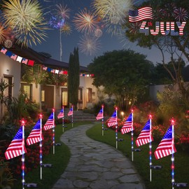4th of July Decorations Outdoor Solar Lights, 10 Pack Red White and Blue Star Lights for National Day with American Flag, 2 Modes Waterproof Solar Patriotic Light for Independence Memory Day Yard Path