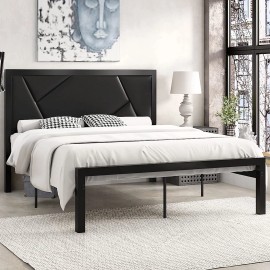 Lov4ever Metal Bed Frame with Geometric Litchi Grain Leather Headboard, Black - Full