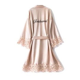 Crystal Dew Women's Lace Trim Bride Kimono Robes with Embroidery Bridal Silky Satin Bathrobe Wedding Party Sleepwear