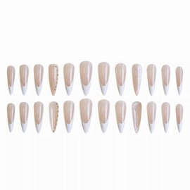 BABALAL French Tip Press on Nails Long Stiletto Fake Nails White Glue on Nails Metallic Ball with Design Acrylic Nails 24Pcs Almond Full Cover False Nails