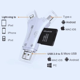 4-in-1 Universal Card Reader - High Speed SD TF Card Reader with USB, Type-C, Micro USB & Lightning Ports - Multi-Device Compatibility for Phone, Tablet, Laptop & PC - Plug & Play Memory Card Adapter