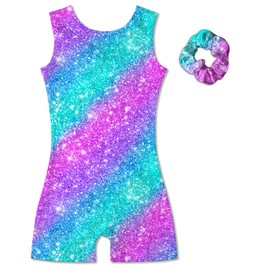 Vogseek Sparkly Gymnastics Leotards for Girls 11 12 Years Cute Blue Purple Stripe Shiny Ballet Dance Unitards Biketards with Hair Scrunchie Kids Tumbling Shorts Activewear Clothes, Rose Red