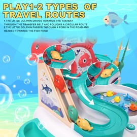 Baby Fishing Toy Set, 3 in 1 Magnetic Fishing Game for Toddlers & Kids with Slideway & Music Story, 10 Fish, 3 Dolphins, 2 Toy Fishing Poles, Learning Educational Toys Sound Effect Toy