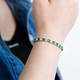 Kose 925 Sterling Silver Bracelets for Women and Men | 4mm Sapphire Ruby Emerald Cubiz Zirconia Classic Tennis Bracelet | Size 6.5-8 inches (Emerald+CZ, 7.25")