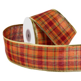 WRAPAHOLIC Fall Burlap Wired Ribbon - 2.5 Inch x 25 Yards Each Roll for Autumn Holidays, Fall Decorations - Orange Plaid