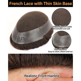 BEEOS Australia Toupee Hair for Men, 8x10 Inch French Lace Top with Transparent PU Around Base Mens Wig, Indian Remy Human Hair Mens Replacement System 130% Density #5 Brown