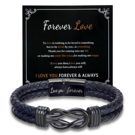 QUKE Mens Leather Bracelet Stainless Steel Clasp Braided Leather Knot Bracelets for Men (Fits wrist size 18-20 cm)