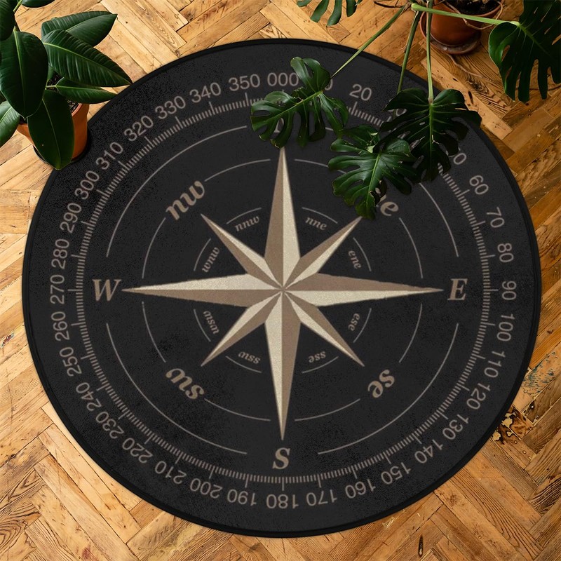 Compass Rose Round Area Rug, Artwork Black Non-Slip Circle Rug