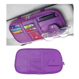 ZNDAW Car Sun Visor Organizer, Leather Multi-Pocket Visor Organizer Pouch with Double Zippers Net, Sunglass Holder Storage Pocket for License Pen Key Card Registration Document (Purple)