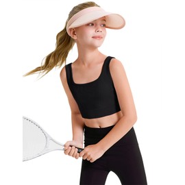 Haloumoning Girls Training Bra Sports Bra Kids Athletic Seamless Ribbed Stretchy Crop Tops Dance Yoga 5-14 Years Black