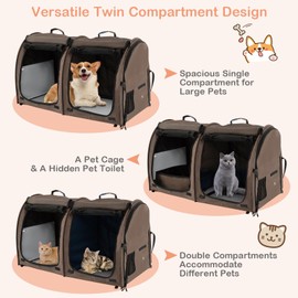 Giantex 40 Inch Cat Carrier with Double Compartments, Travel Litter Box, 2 Removable Hammocks and Mats, Portable Cat House Pet Kennel Dog Crate with Carry Bag for Car Trip Camping (Brown)