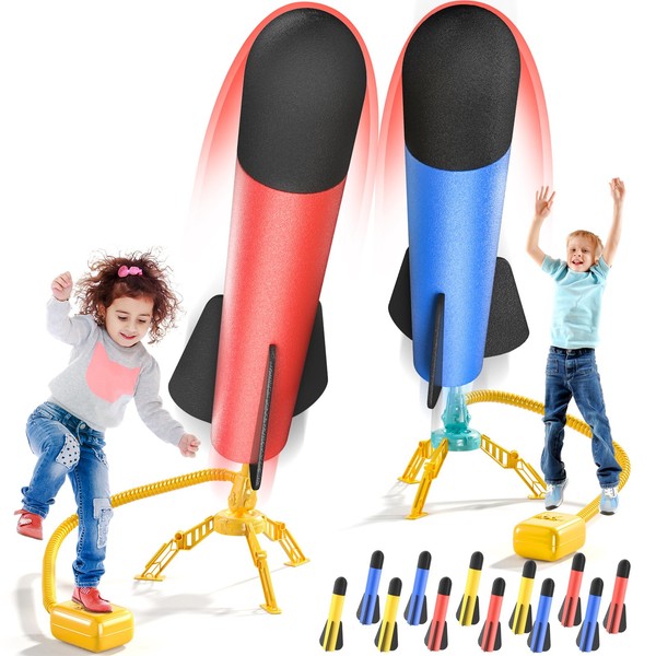 TEMI 2 Pack Rocket Launcher for Kids, 12 Foam Rockets and 2 Stomp Launcher Pad, Launch up to 100+ft, Kids Outdoor Toys, Birthday Gift Toys for Kids Boys Girls Age 3 4 5 6 + Years Old
