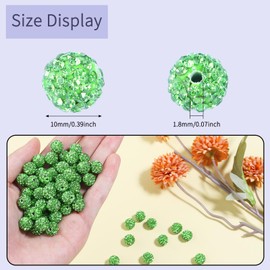 100Pcs Rhinestone Beads 10mm for Jewelry Making, Yumttero Shiny Round Shamballa Disco Beads Crystal Sparkle Rhinestone Clay Beads for Necklace Bracelet Earring Making and DIY Decoration(Light Green)
