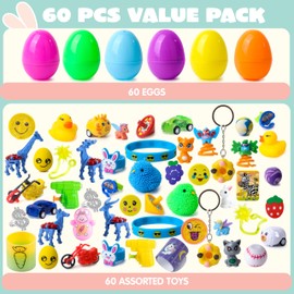 JOYIN 60Pcs Easter Eggs with Toys Stickers Inside, Prefilled Easter Eggs Hunt with Assorted Toys for Kids Boys Girls, Basket Stuffers Filler, Party Favors, Classroom Exchange