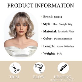OUFEI Ombre Blonde Short Wavy Bob Wigs for Women with Bangs Natural Curly Synthetic Hair Heat Resistant Wigs for Daily Party Cosplay Wear