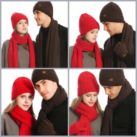 Kunyeah Hat Scarf Gloves Set Warm Knitted Hat Long Scarf Touchscreen Glove Winter Accessories for Men Women, red