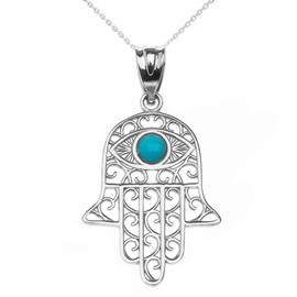 Fine Sterling Silver Hamsa Hand with Blue Stone Evil Eye Pendant Necklace, 18"