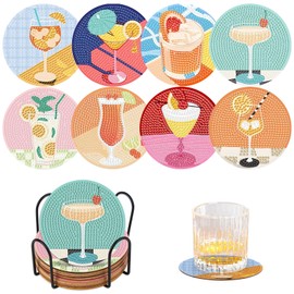 8 Pcs Cocktail Diamond Painting Coasters Kit with Holder Round Full Drill Diamond Art Coasters Set DIY Cocktail Coaster Mosaic Kits for Adults Beginners