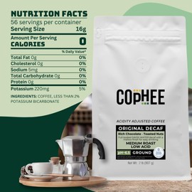Low Acid Coffee - Decaf - Bulk Pack - Ground Medium Roast - Smooth Non-GMO Arabica Coffee - Electrolyte Infused for Sensitive Stomachs, Acid Reflux, and Heartburn ~pH 6.5 - 32 oz Original Decaf by COpHEE