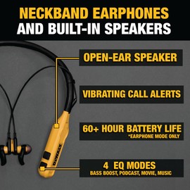 DEWALT Heavy Duty 2-in-1 Neckband Bluetooth Headphones w/Built-in Speakers, Jobsite Wearable Speaker & Around Neck Headphones, Wireless Bluetooth Headset, 60+ Hrs Hands-Free Music/Calls, Carry Pouch