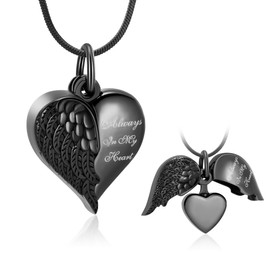 Minicremation Heart Urn Necklace Pendants for Ashes Angel Wings Cremation Jewelry for Women Men Keepsake Memorial Ash Jewelry Always in my Mind Forever in my Heart (Black)