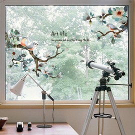 Birds on Cherry Blossom Branches Window Clings Larger Removable Green Leaf Window Stickers Watercolor Bird Plant Decor DIY Ink and Chinese Style Flowers Vinyl Art Decals for Glass Window Doors