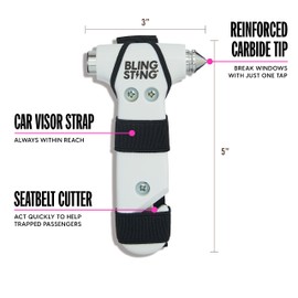 BLINGSTING Safety Hammer - Emergency Automotive Escape Tool with Window Breaker, Seat Belt Cutter & Adjustable Car Visor Strap - Tempered Glass Breaker - Steel Blade - White (1 Count)