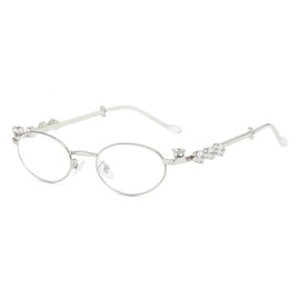 mincl Womens Oval Rhinestone Sunglasses Metal frame Trendy Shades Retro Fashion Diamond Punk Sunglasses UV400 Protection (silver clear)