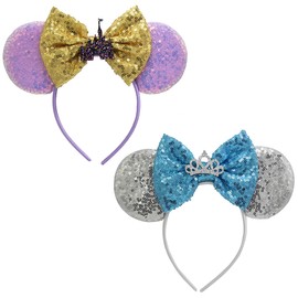 ECOSCO 2 Pcs Mouse Ears Headbands Glitter Sparkly Princess Ears Headband Costume Birthday for Adult (Silver+Purple)