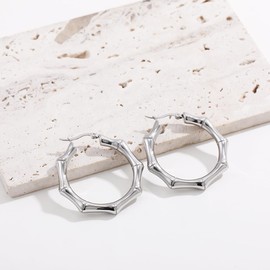 SAINT RAPHAËL Silver Bamboo Earrings for Women, Hypoallergenic 316L Stainless Steel Chunky Door Knocker Hoops Trendy 2024