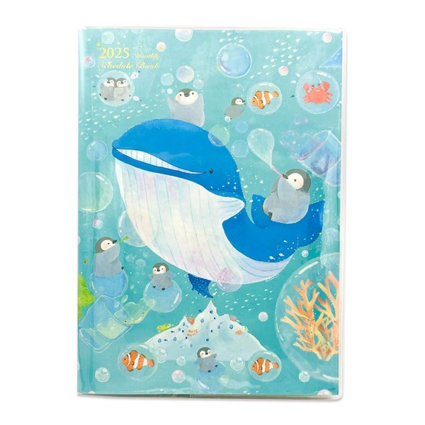 Close-pin Mano Yoshida Notebook, 2025 B6, Monthly Whale and Penguin