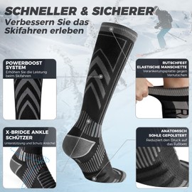 2 Pairs Merino Wool Ski Socks for Men, Women and Youth, Compression Snowboard Socks, Knee Height, Thick Thermal Socks for Cold Weather, Breathable, Quick Drying, Size 35-51, black